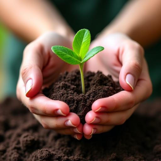 苗木を優しく持つ両手